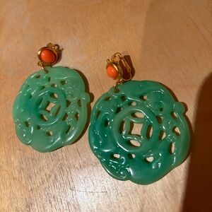 Elegant Kenneth Jay Lane green jade and coral earrings clip